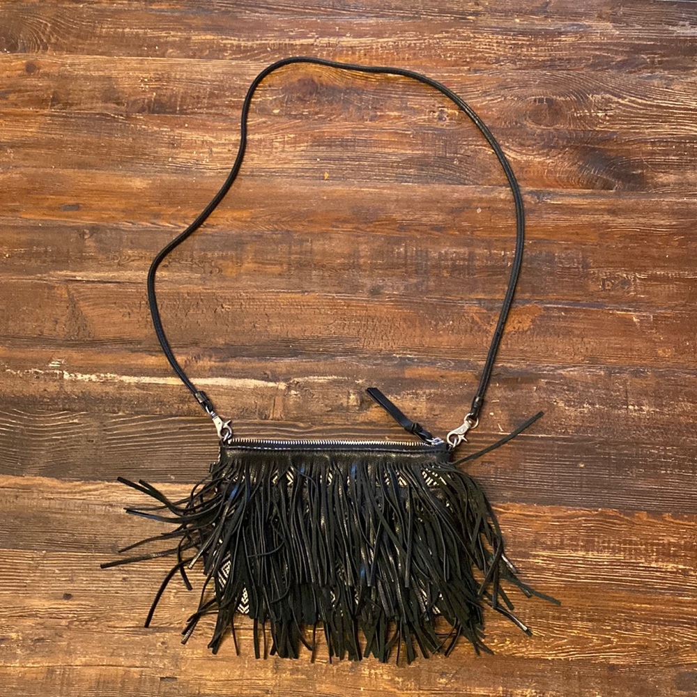 Sam Edelman Handbag / Black Leather Fringe w/ Back Black and Ivory Fabric Purse - Picture 2 of 4